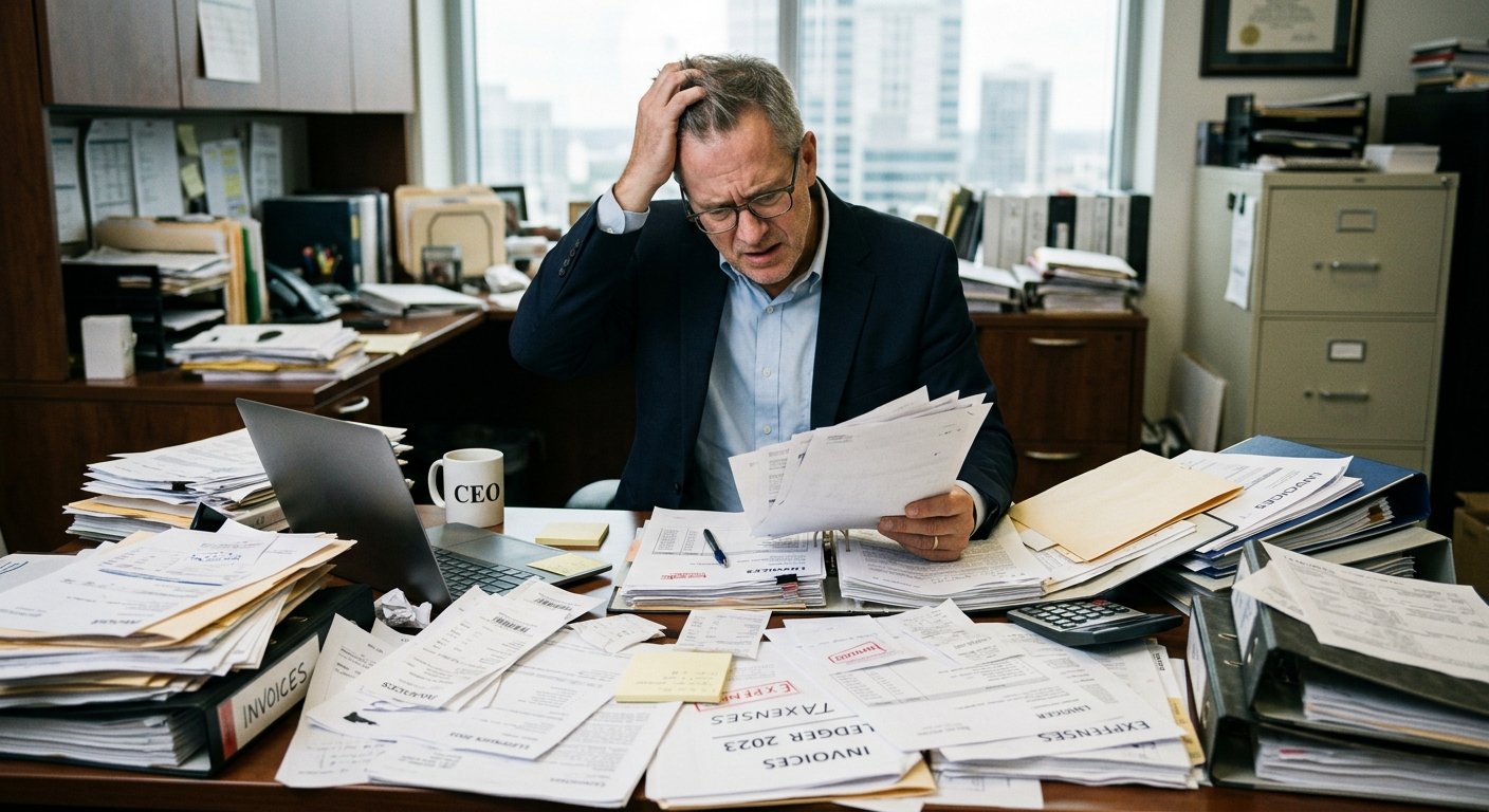 Business owner overwhelmed with paperwork