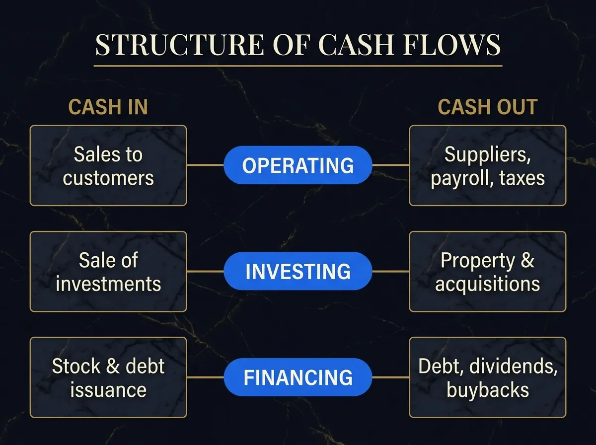 Structure of Cash Flows — operating, investing, and financing; cash in vs cash out.