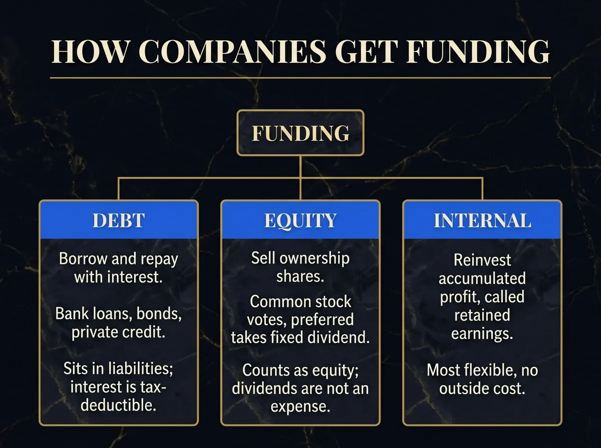 How Companies Get Funding — debt, equity, and internal (retained earnings).
