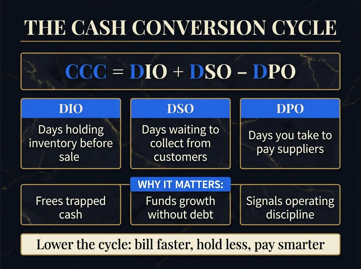 The Cash Conversion Cycle — CCC = DIO + DSO - DPO and why lowering it frees cash.