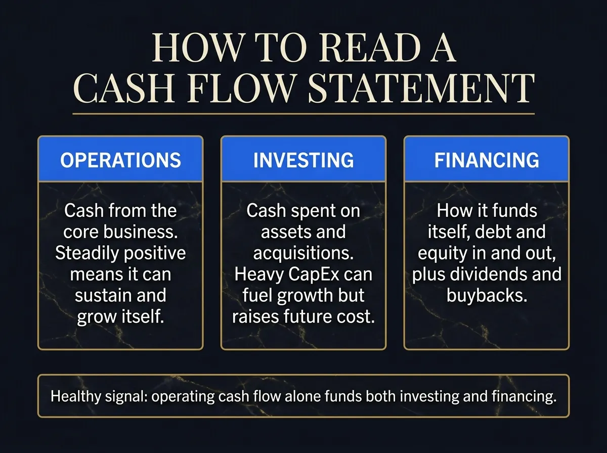 How to Read a Cash Flow Statement — operations, investing, financing and the healthy signal.