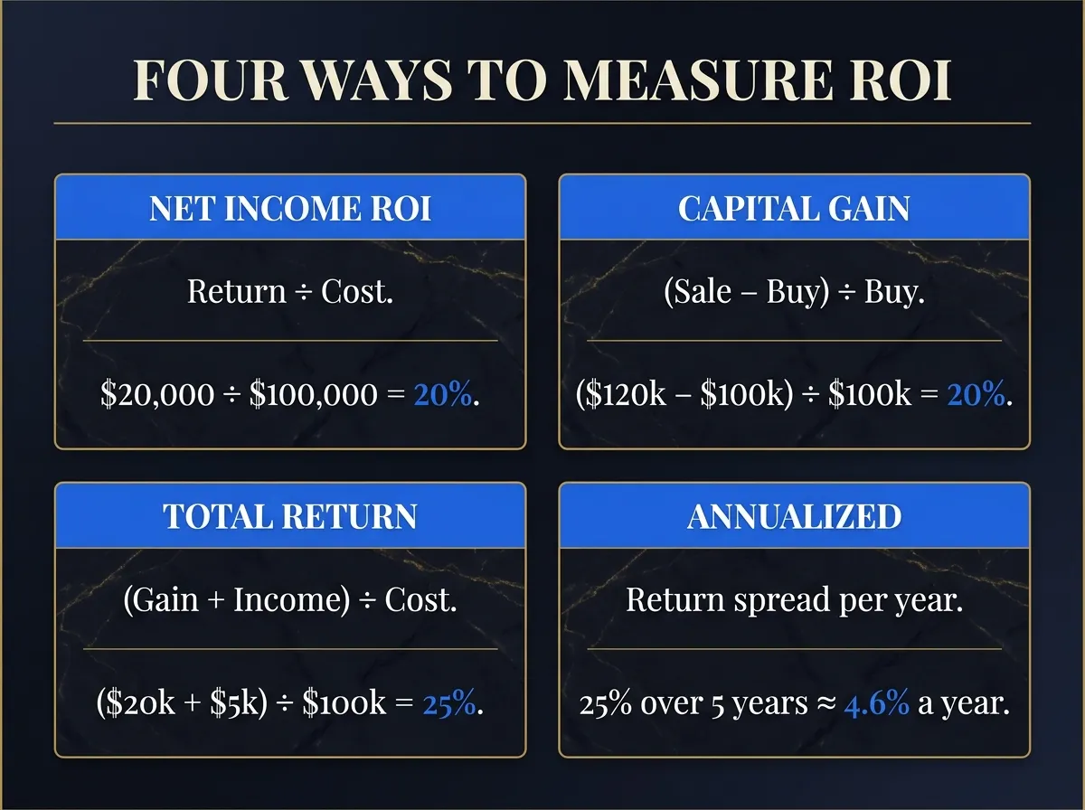 Four Ways to Measure ROI — net income ROI, capital gain, total return, and annualized.