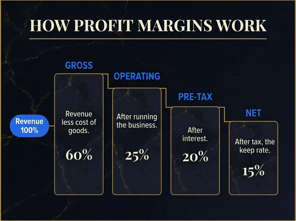 How Profit Margins Work — gross 60%, operating 25%, pre-tax 20%, net 15% of revenue.