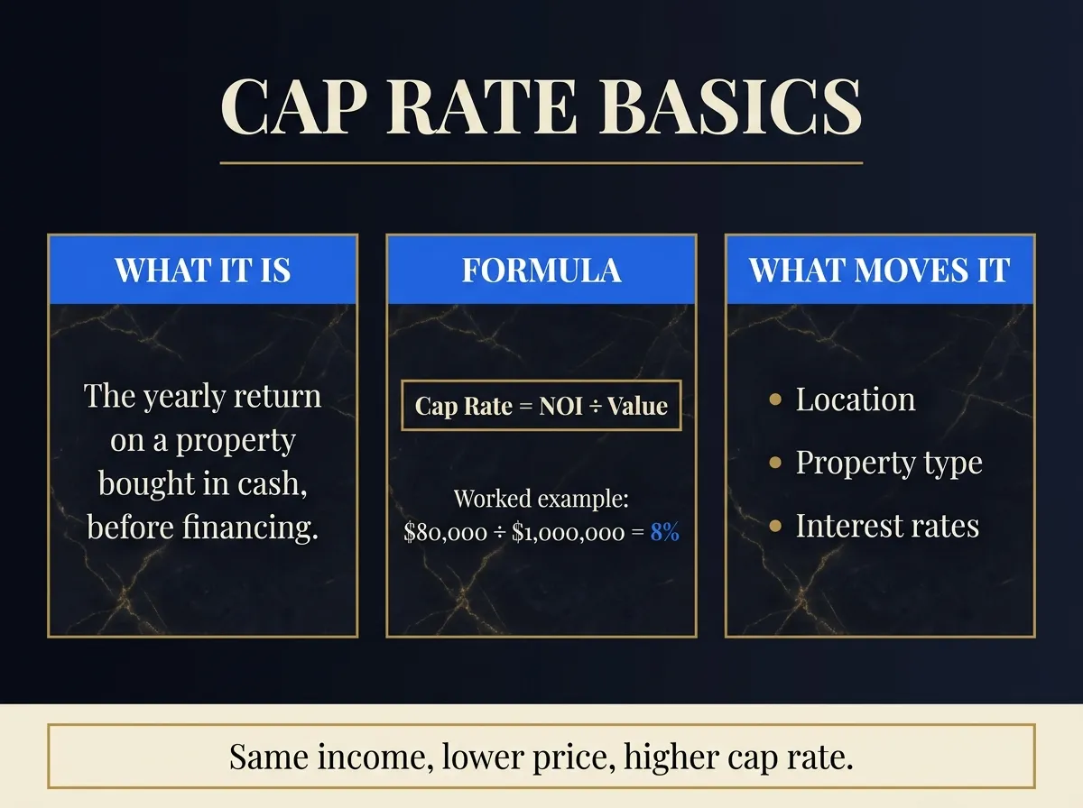 Cap Rate Basics — what it is, the formula (NOI divided by value), and what moves it.