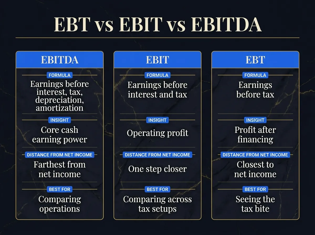EBT vs EBIT vs EBITDA — formulas, insights, and distance from net income for each.