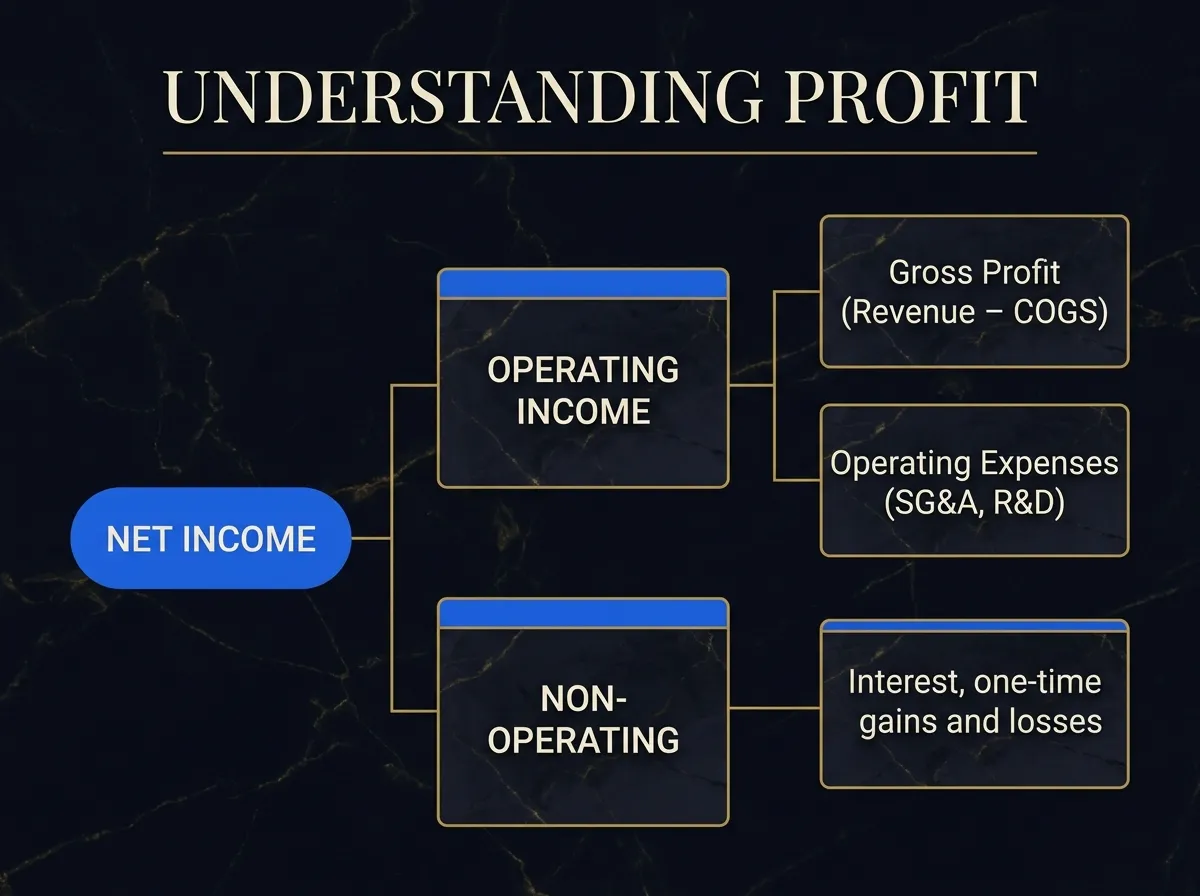 Understanding Profit — operating income (gross profit minus operating expenses) vs non-operating income, building up to net income.