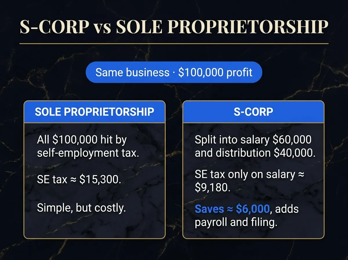 S-Corp vs Sole Proprietorship — how the S-Corp split can cut self-employment tax.