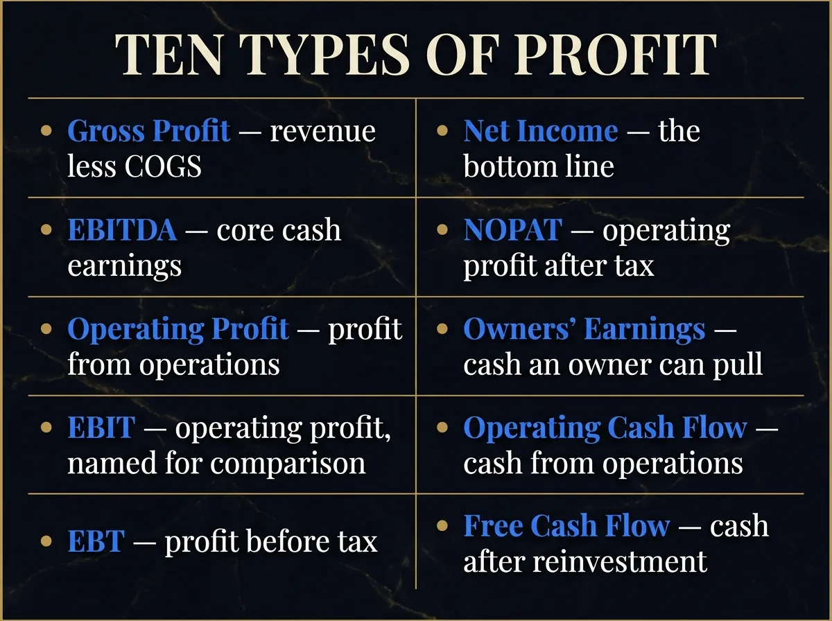 Ten Types of Profit — gross, operating, EBIT, EBT, EBITDA, net income, NOPAT, owners earnings, operating cash flow, free cash flow.