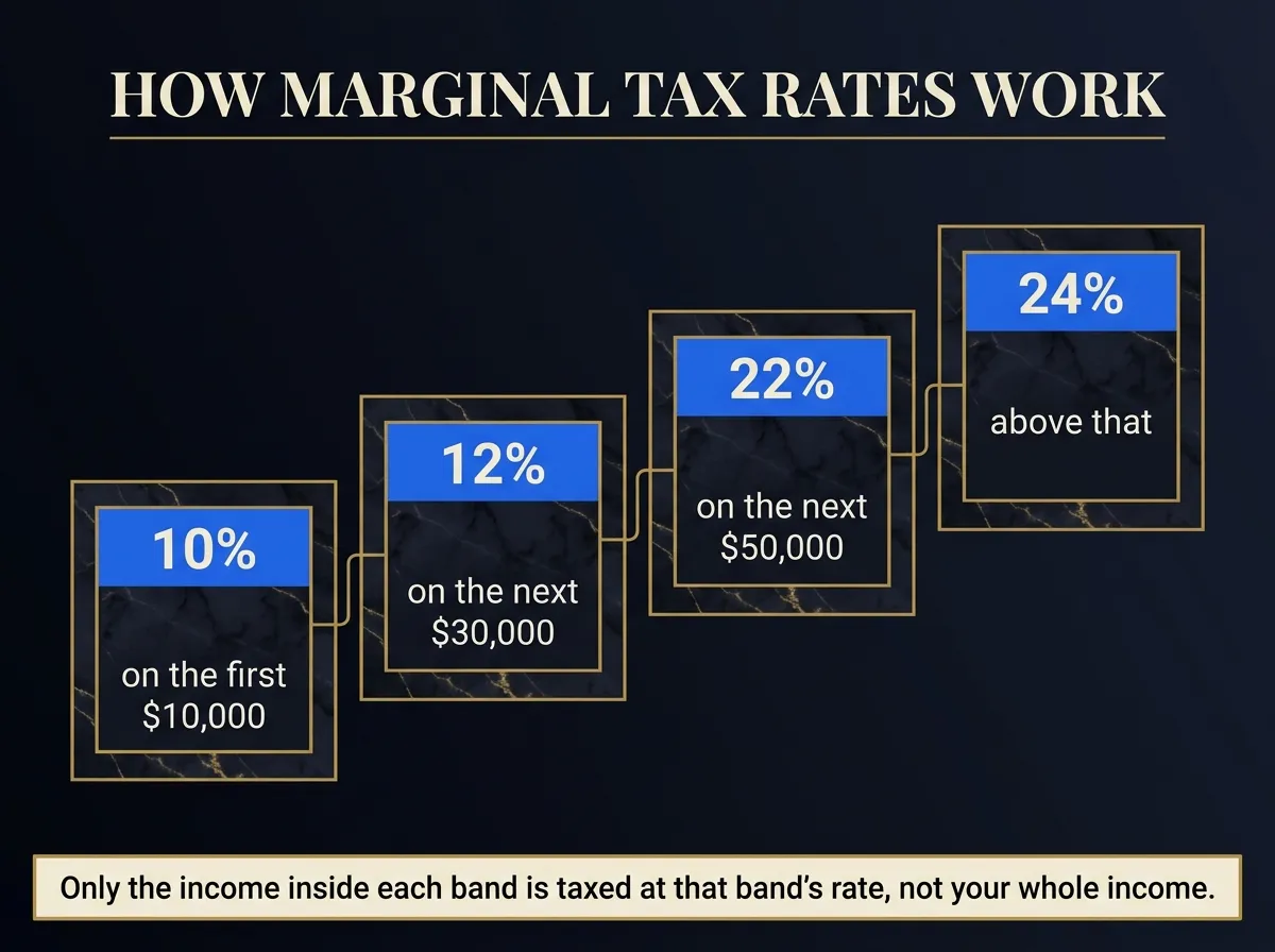 How Marginal Tax Rates Work — only the income inside each band is taxed at that band's rate.