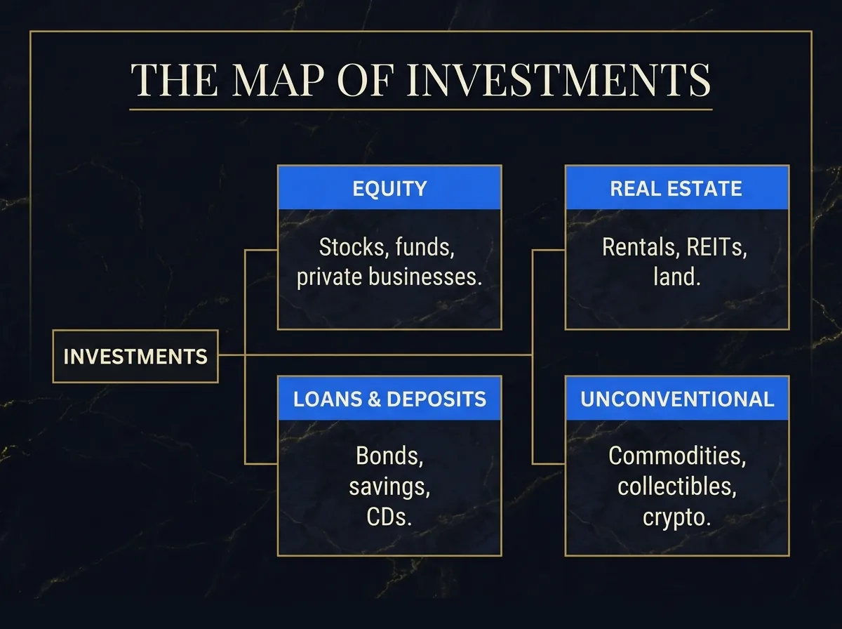 The Map of Investments — equity, real estate, loans and deposits, and unconventional.