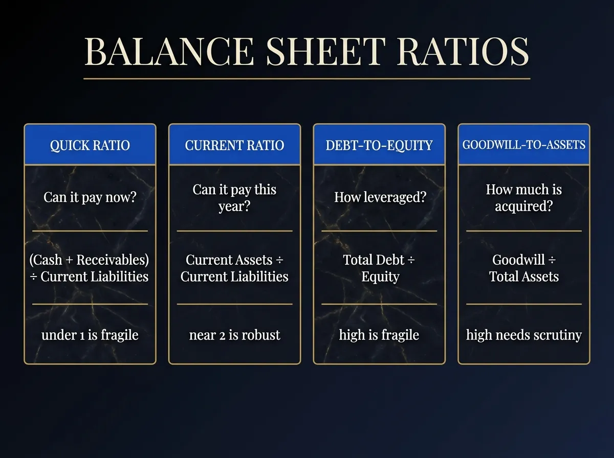 Balance Sheet Ratios — quick ratio, current ratio, debt-to-equity, goodwill-to-assets.