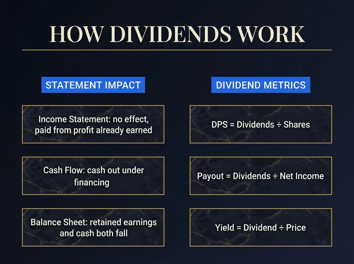 How Dividends Work — statement impact and dividend metrics (DPS, payout, yield).