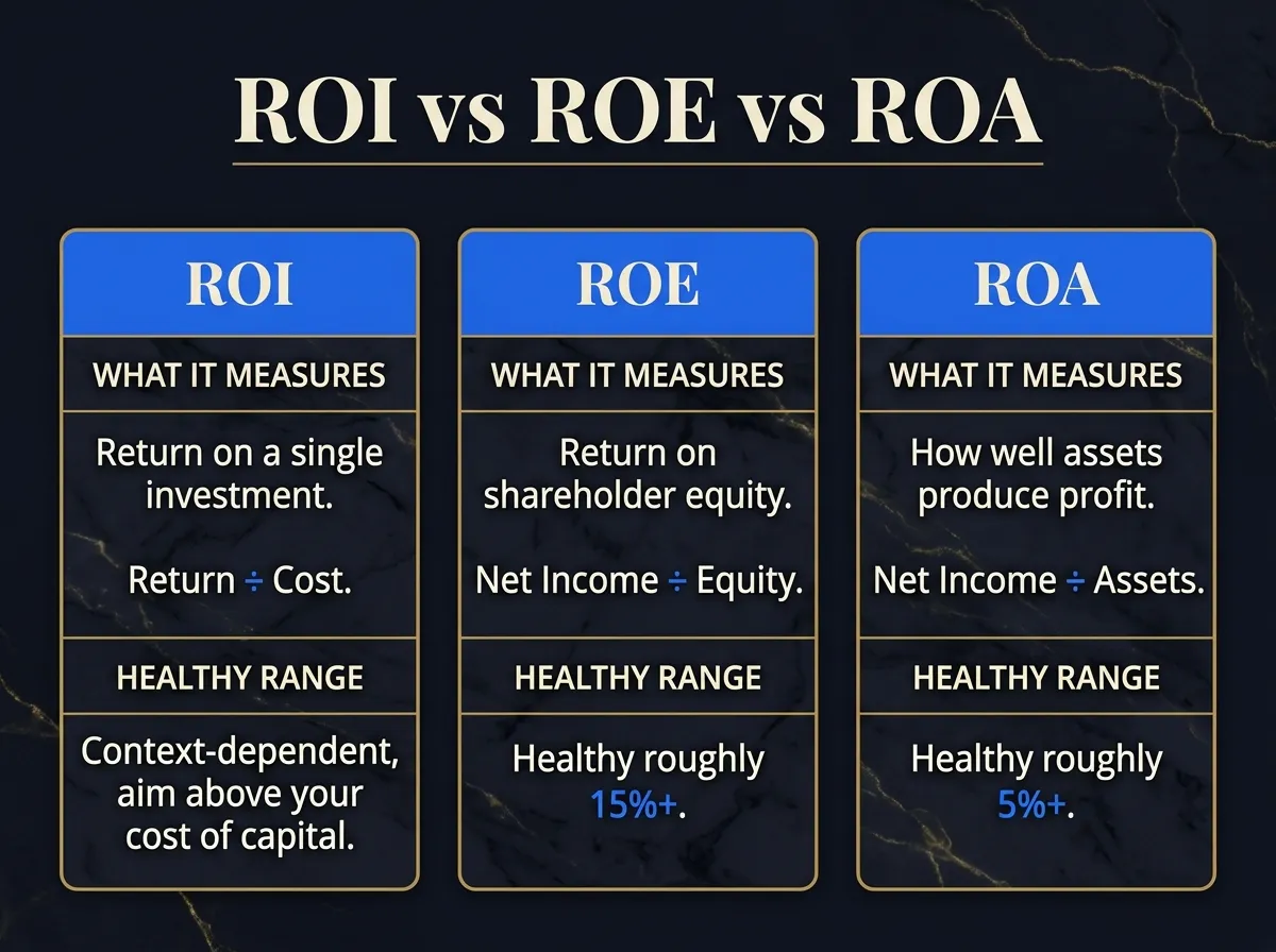 ROI vs ROE vs ROA — what each measures, the formula, and healthy ranges.