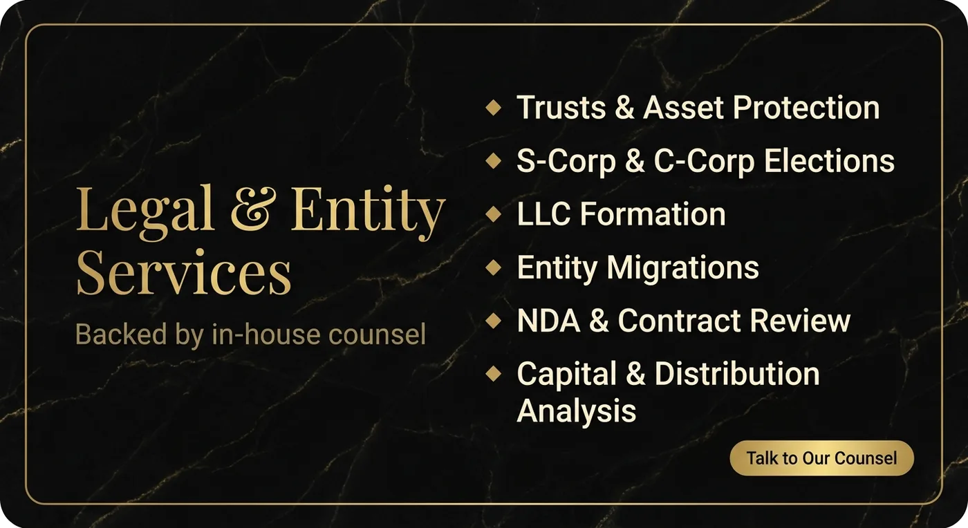 Legal & Entity Services, backed by in-house counsel: trusts (revocable, irrevocable, land and asset protection), S-Corp and C-Corp elections, LLC and entity formation, entity migrations and conversions, NDA and contract review, and capital contribution and distribution analysis.